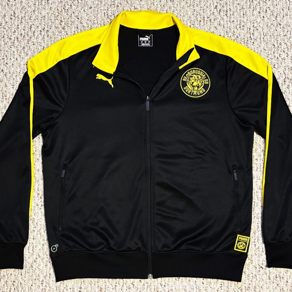 Puma Vintage Mens Black With Yellow Stripes XL Track Jacket Hoodie Amazing Cond.